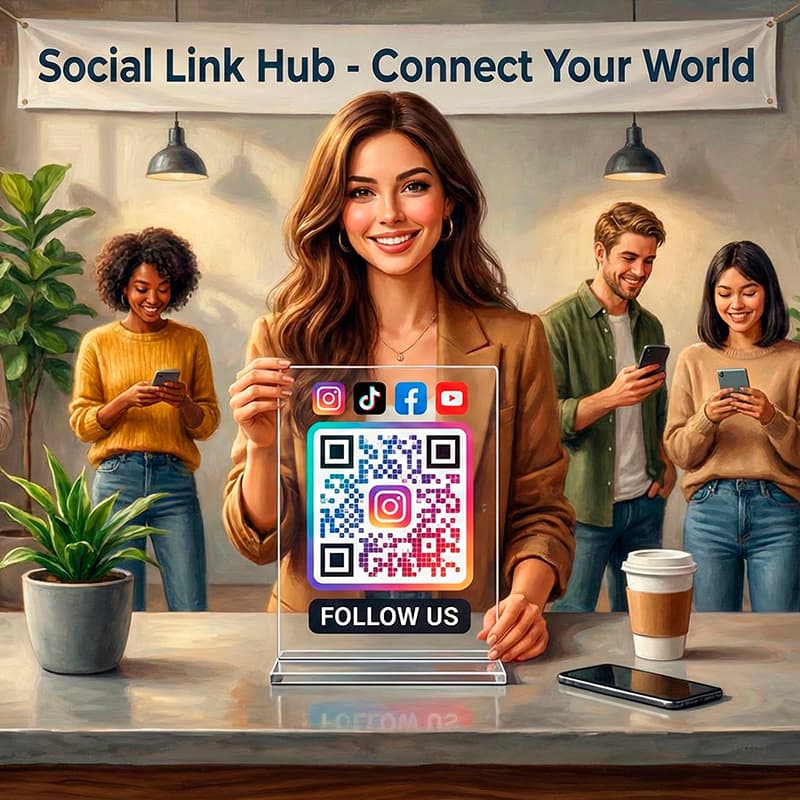 Phone displaying social media profiles with QR code connecting followers