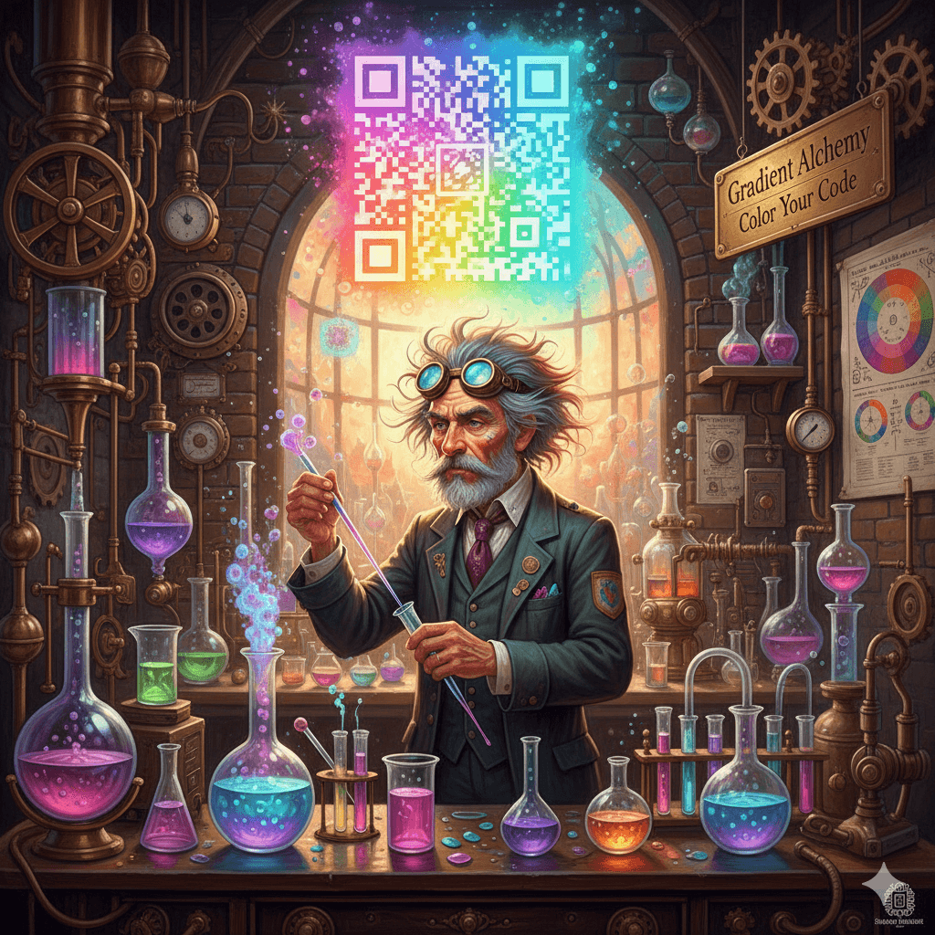 Steampunk alchemist mixing colorful gradient potions creating rainbow QR code hologram