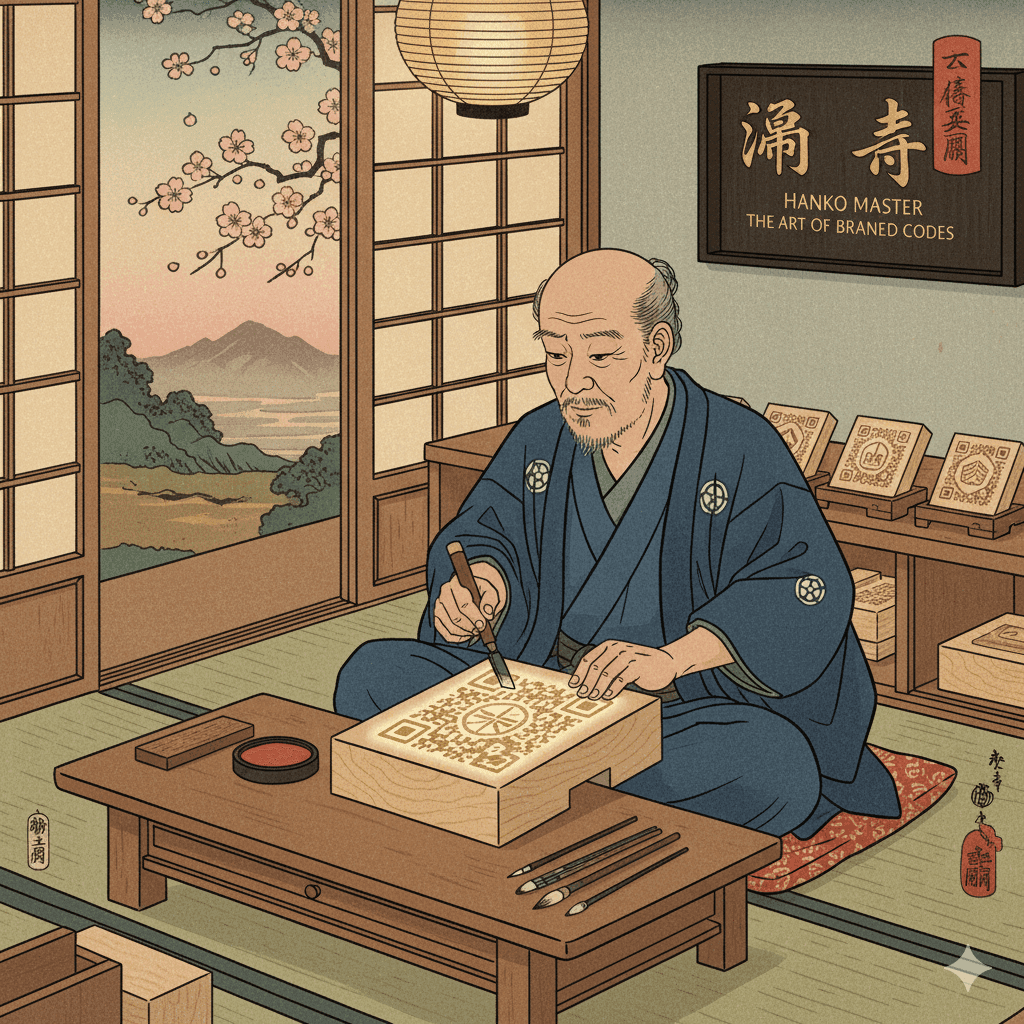 Japanese master craftsman carving branded QR code into traditional wooden hanko stamp