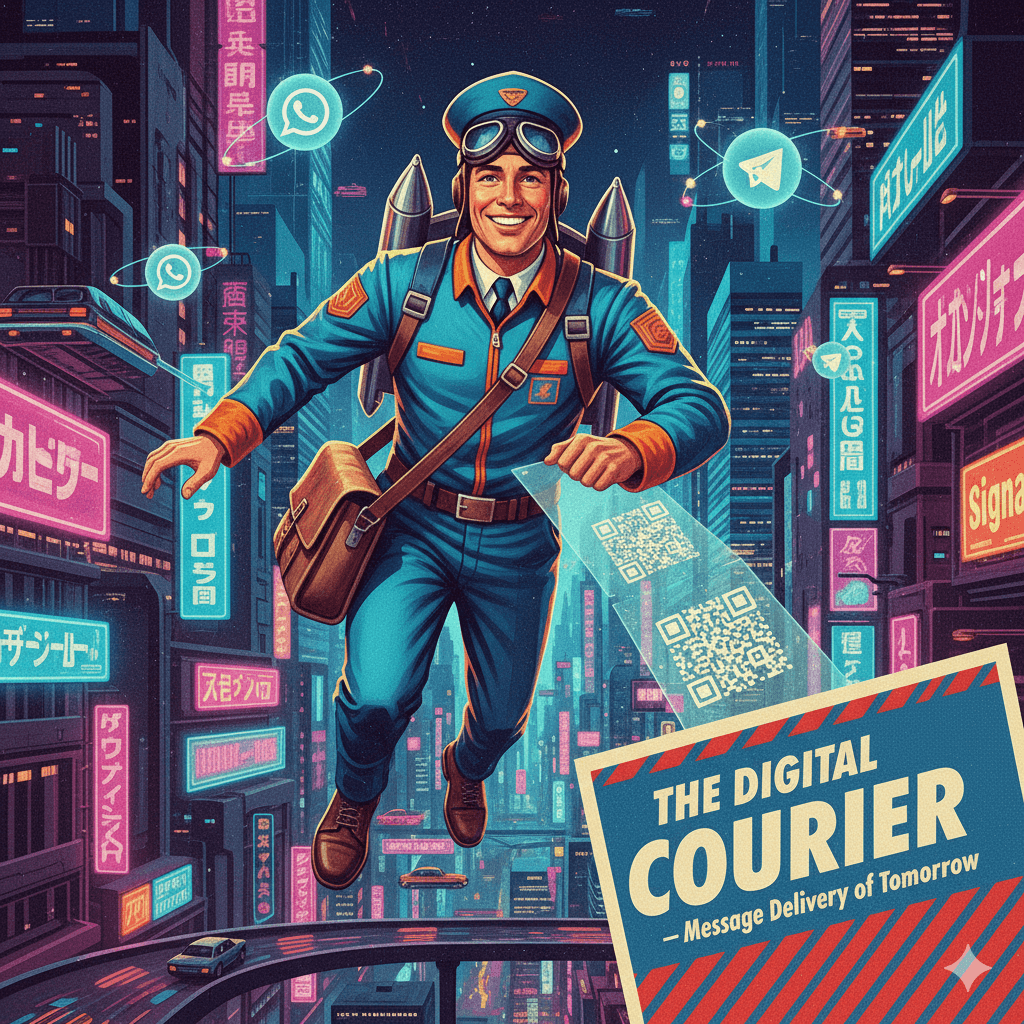 Retro-futuristic postman with jetpack delivering glowing QR code messages in neon cyberpunk city