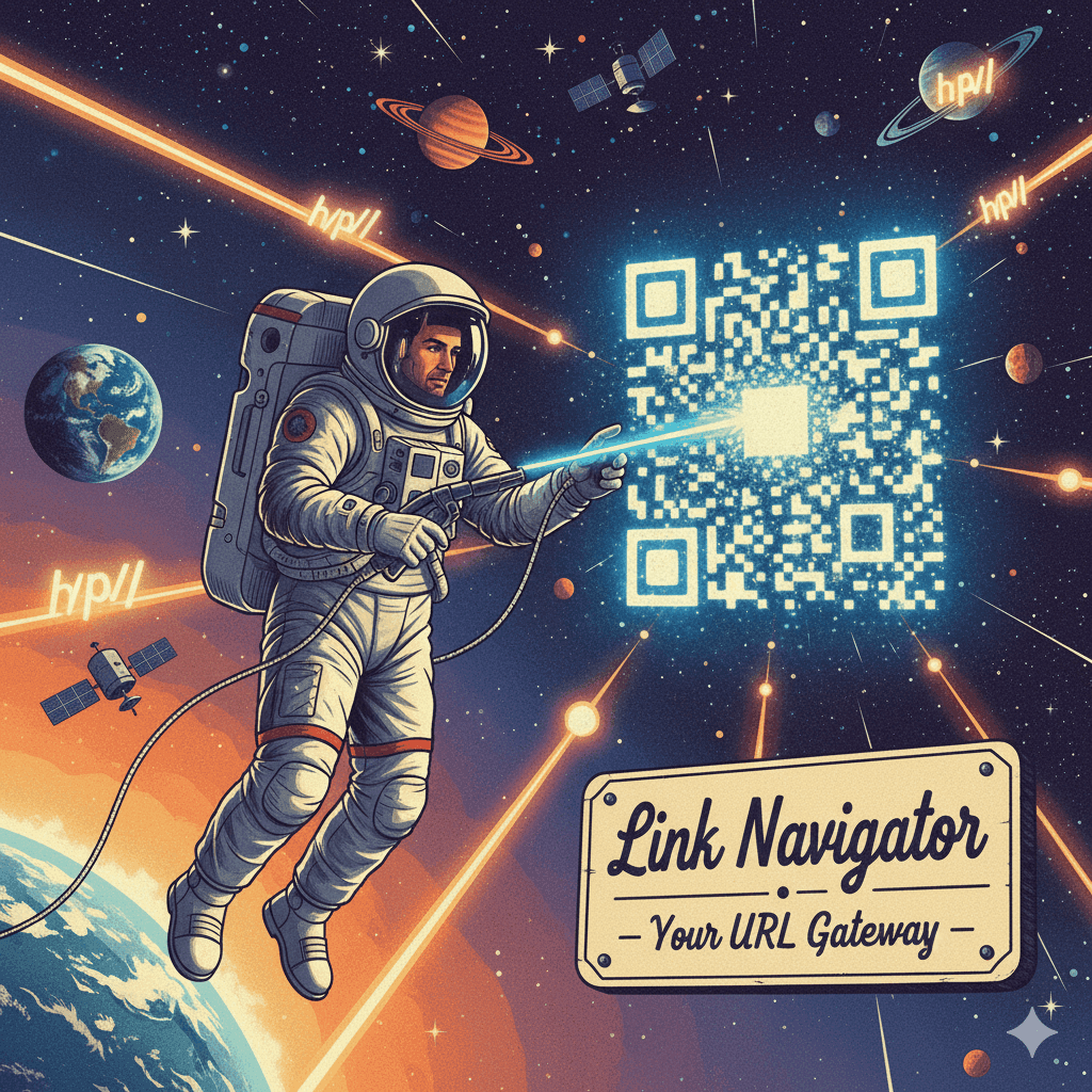 Retro astronaut in space drawing glowing QR code among stars with laser tool