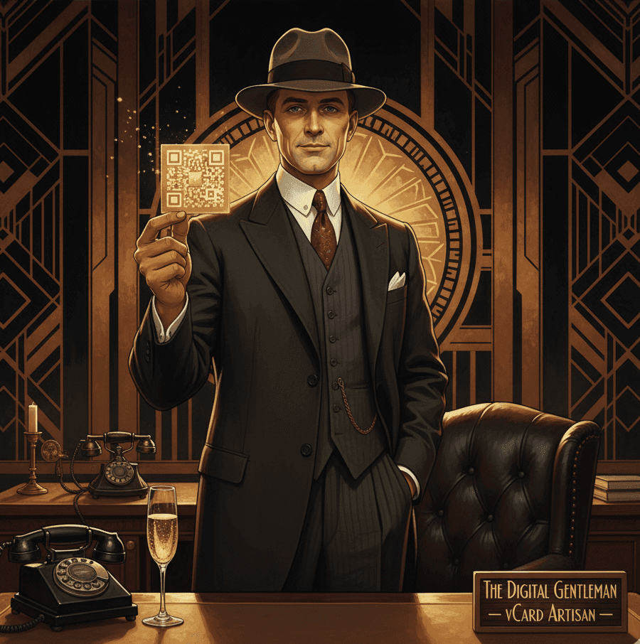 1920s gentleman in Art Deco office presenting elegant golden business card with QR code