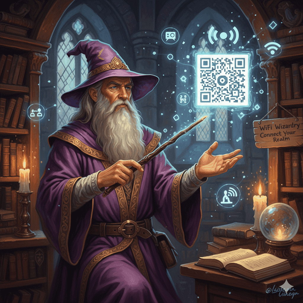 WiFi wizard casting magical QR code spell in mystical tower with glowing WiFi symbols